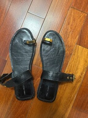 Free People Black Leather Toe-Ring Sandals with Gold Accent